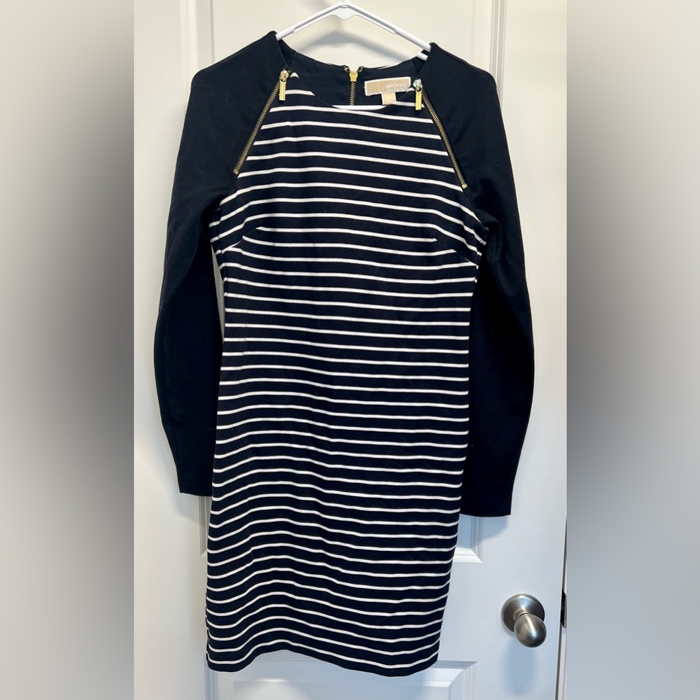 Michael Kors navy blue and white striped dress with gold accents.